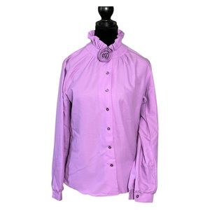 Vintage 70s Union Made Purple Women Blouse Button Ruffle Collar with Rose Top